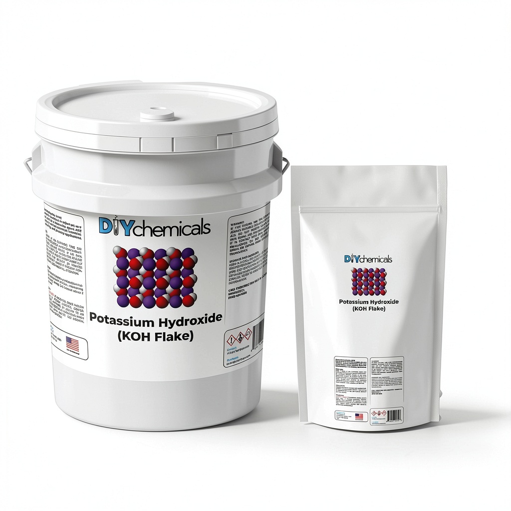 DIYChemicals Potassium Hydroxide Flakes in a sealed container