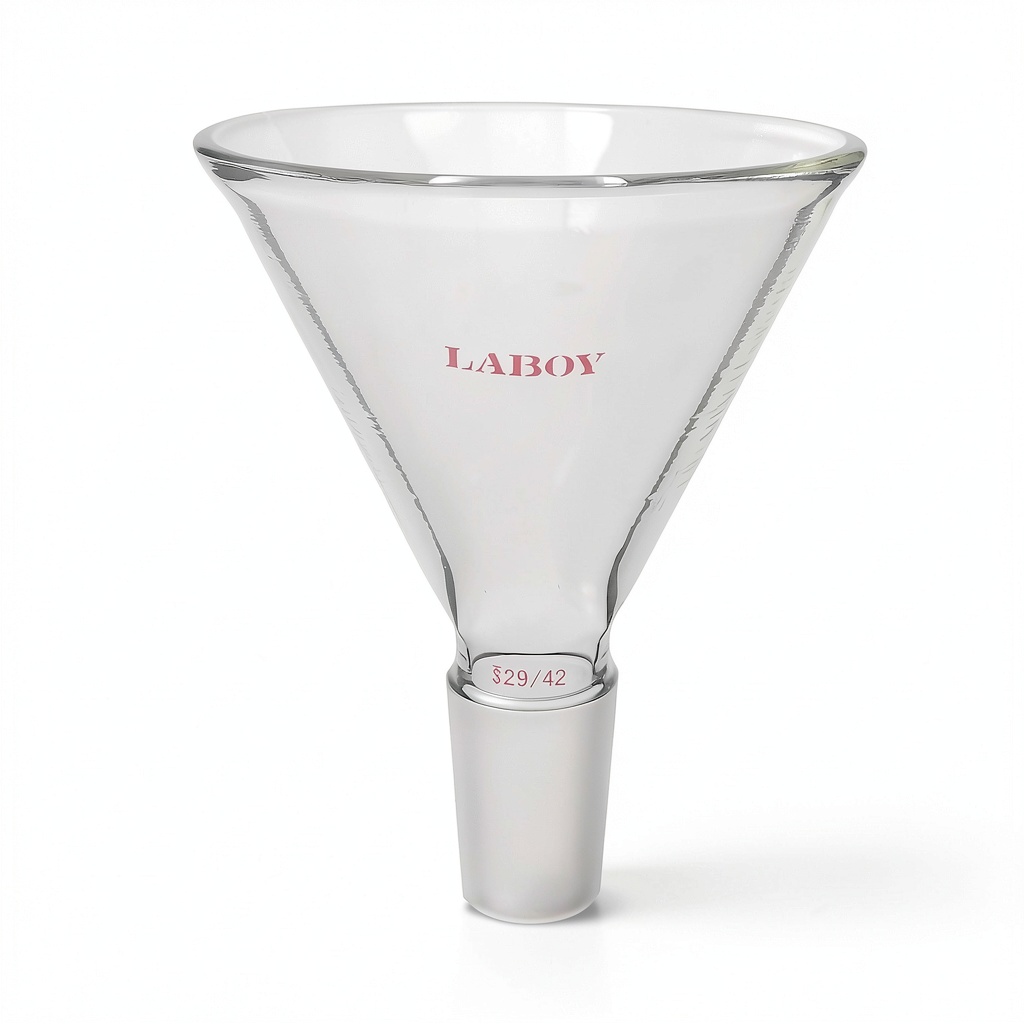 Laboy powder funnel with borosilicate glass construction on a lab bench
