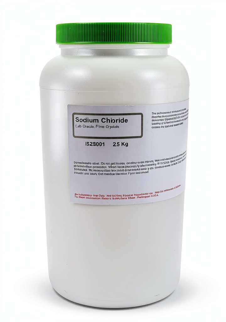 Sodium chloride bottle with storage instructions on label