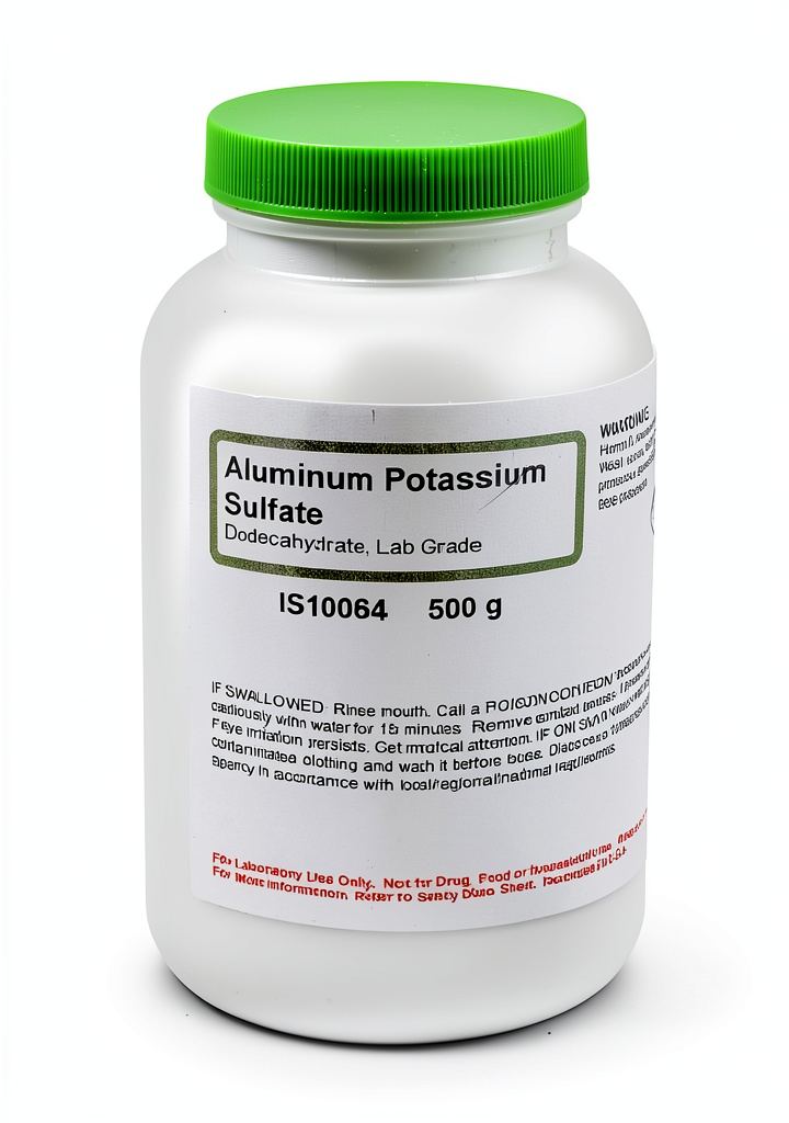 Aluminum potassium sulfate bottle with clear labeling
