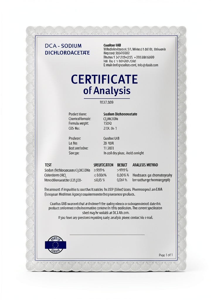 DCA Lab Sodium Dichloroacetate bottle with certificate of analysis