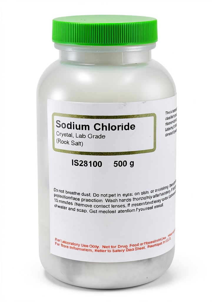 Sodium chloride crystals in a lab bottle on a laboratory bench