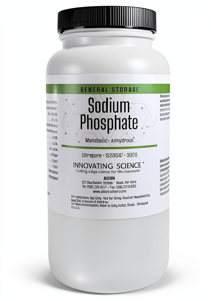 Sodium Phosphate Monobasic reagent bottle on lab bench
