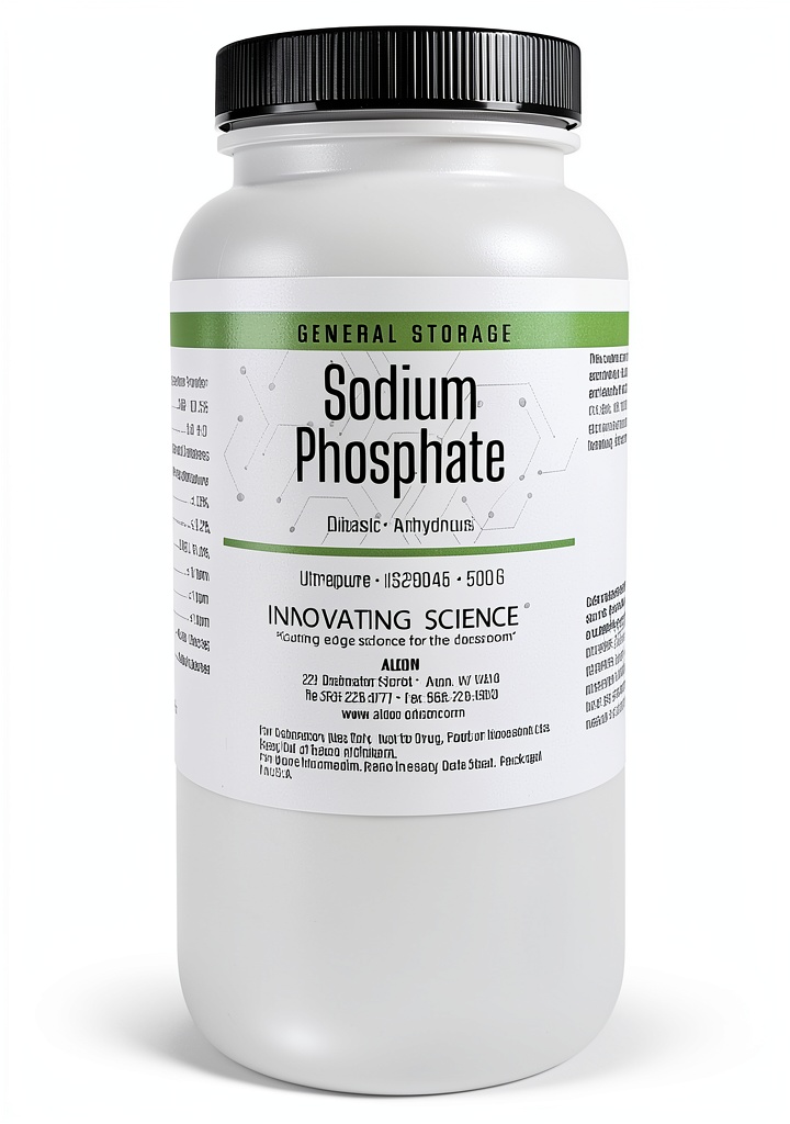 Sodium phosphate dibasic anhydrous powder in laboratory setting